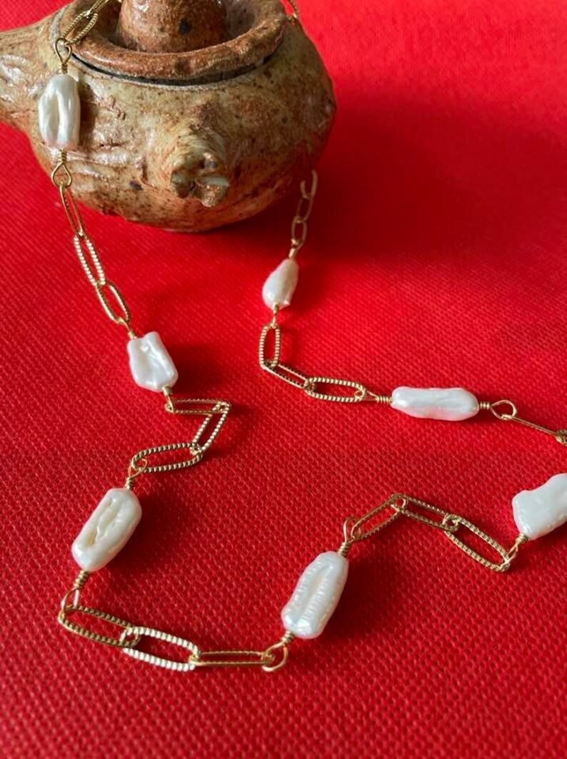 Genuine Biwa Pearl Textured Paperclip Chain Necklace with heart charm