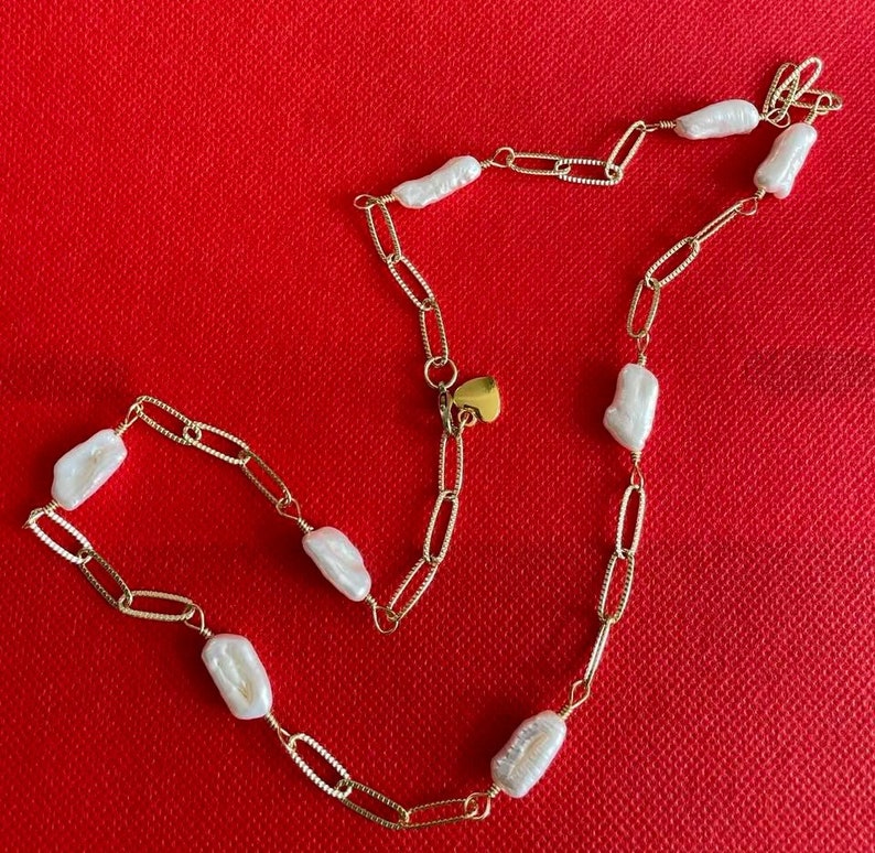 Genuine Biwa Pearl Textured Paperclip Chain Necklace with heart charm