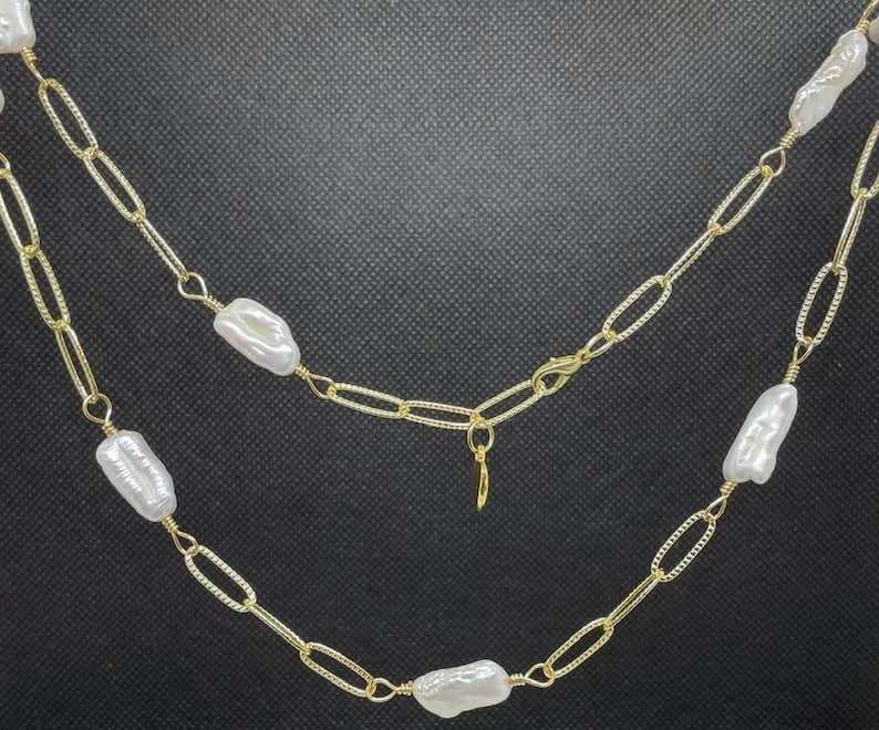 Genuine Biwa Pearl Textured Paperclip Chain Necklace with heart charm
