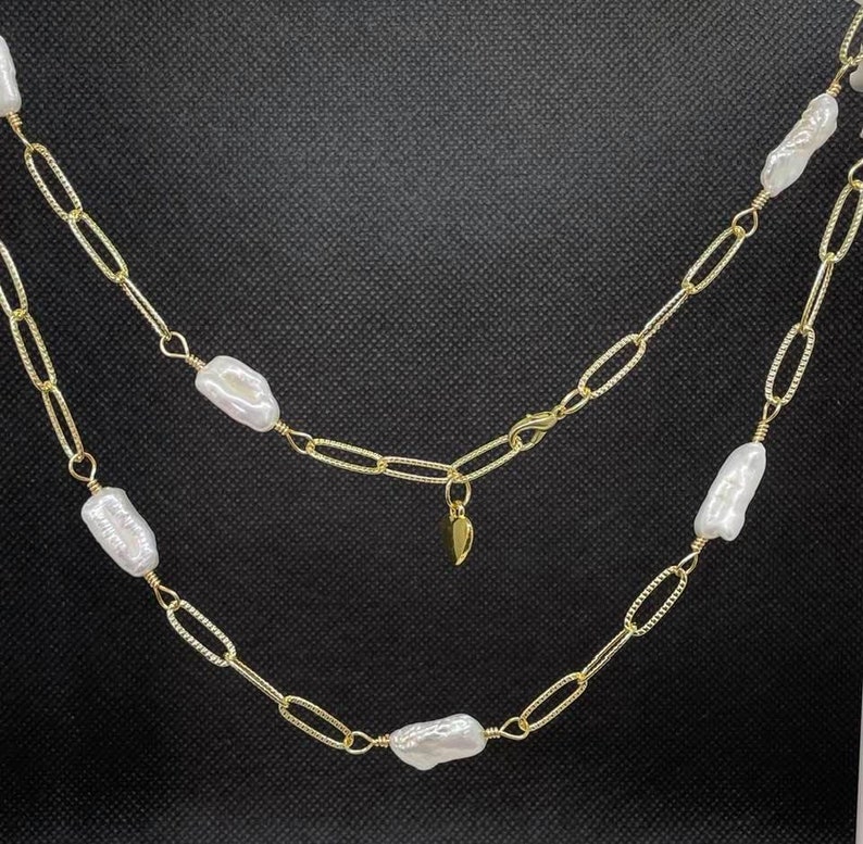 Genuine Biwa Pearl Textured Paperclip Chain Necklace with heart charm
