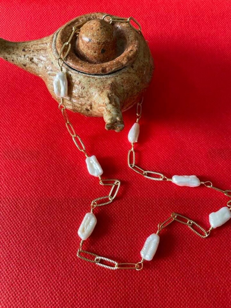 Genuine Biwa Pearl Textured Paperclip Chain Necklace with heart charm