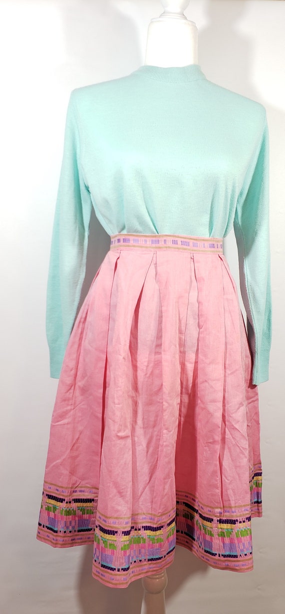 1950s Pink Embroidered Pleated Pastel Skirt Size … - image 3
