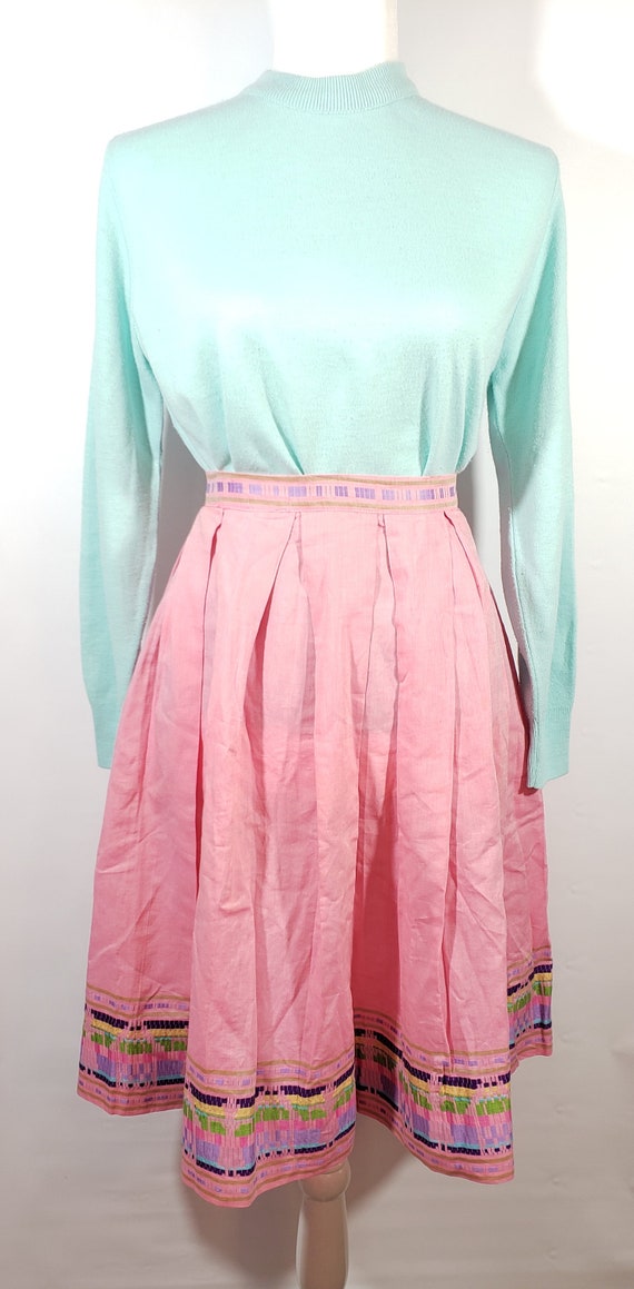 1950s Pink Embroidered Pleated Pastel Skirt Size … - image 2