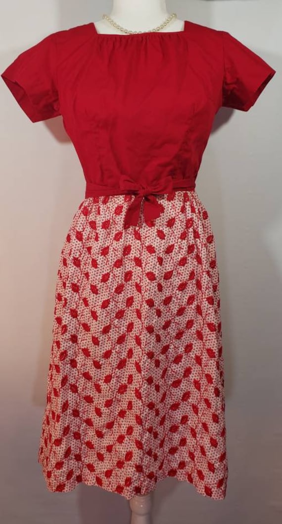 1950s Red Christmas Swirl Wrap Dress Embroidered