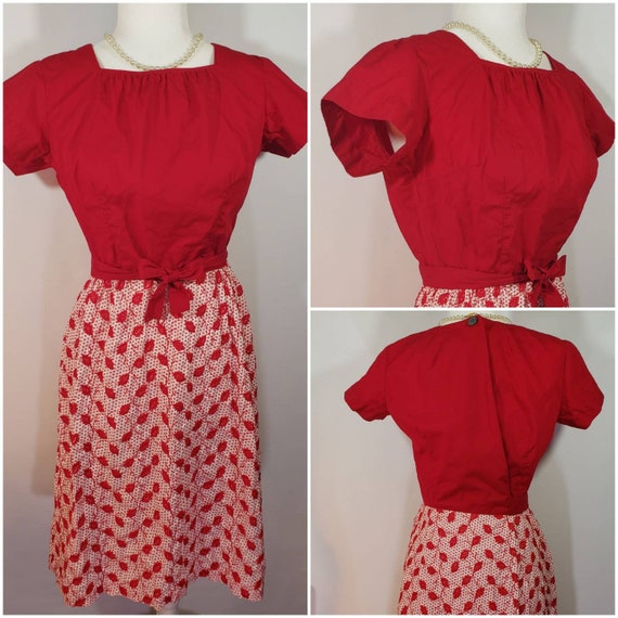 1950s Red Valentine Swirl Wrap Dress Embroidered … - image 1