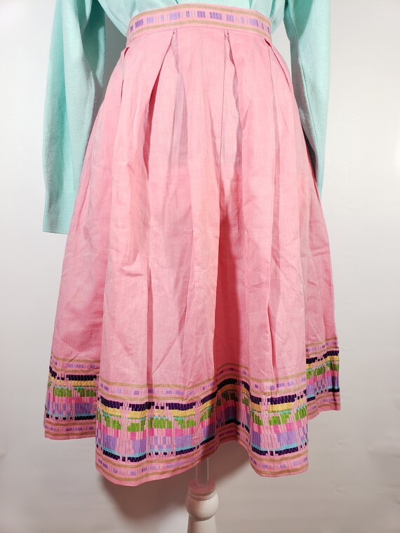1950s Pink Embroidered Pleated Pastel Skirt Size … - image 6