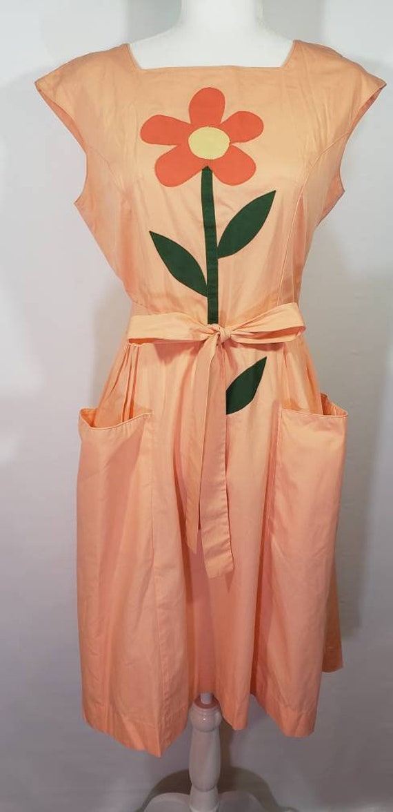 1960s Peach Orange Swirl Dress with Flower Appliqu