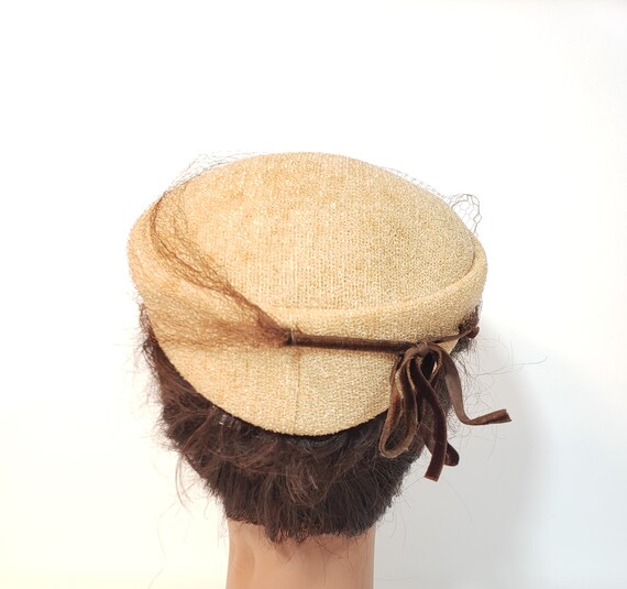 1950s Beige Embellished Hat Crown Cap with Veil - image 4