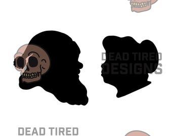 Może przedstawiać: Dwie czarne sylwetki ludzkich głów z grafiką czaszki wewnątrz każdej sylwetki. Tekst "DEAD TIRED DESIGNS" pojawia się u góry i na dole obrazu.
