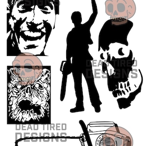May include: Black and white silhouette of a person holding a chainsaw, with a skull graphic in the background. The text "Dead Tired Designs" appears at the top and bottom of the image.