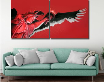 Iconos de América Lady Liberty Estatua de la Libertad sobre una original acuarela pintura lienzo impresión 2 panel arte de pared