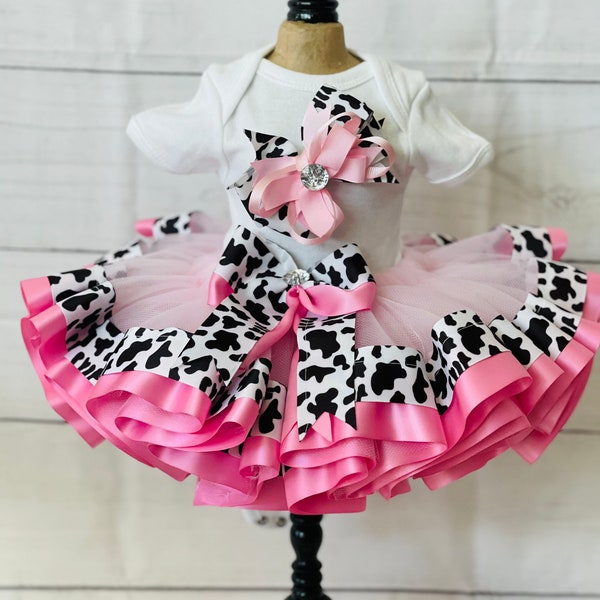 cow print ribbon tutu animal print ribbon tutu pink tutu barnyard farm ribbon tutu birthday tutu