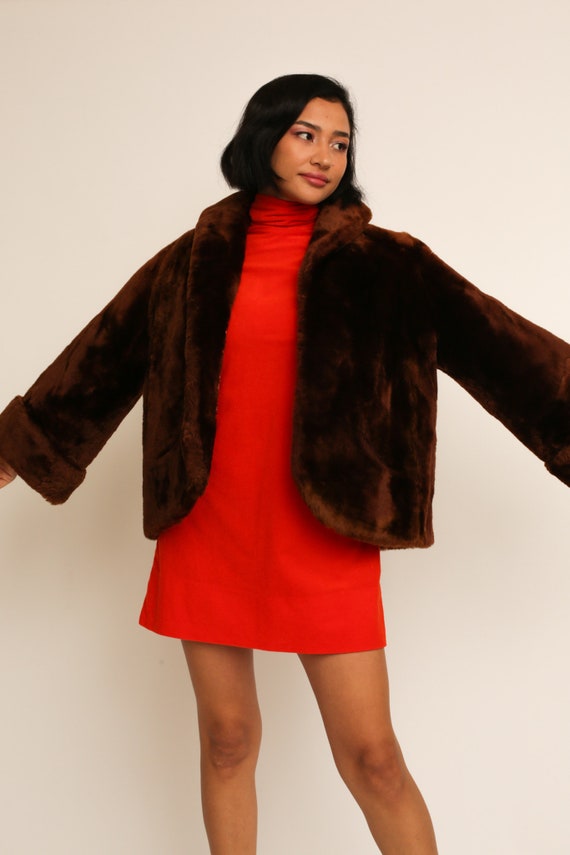 Vintage 1960s 60s Caramel Brown Faux Fur Cropped … - image 3