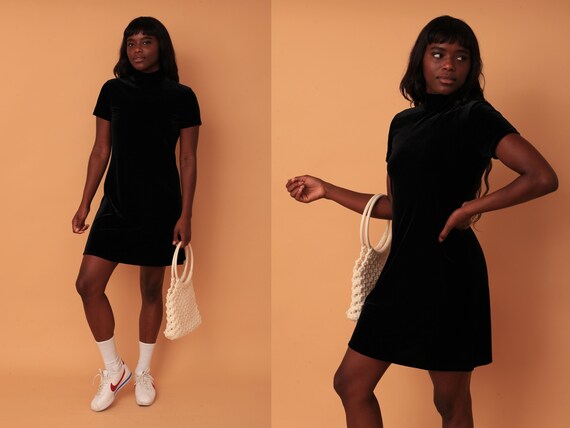 Vintage 1980s Jet Black Velvet Turtleneck Shift Short Sleeve - Etsy Israel