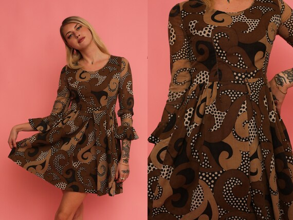Vintage 1960s 60s Brown Cotton Wild Psychedelic P… - image 1