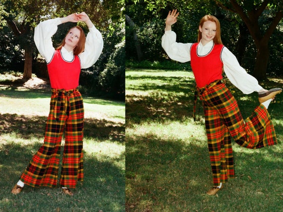 Vintage 1970s 70s High Waisted Yellow Tartan Wide
