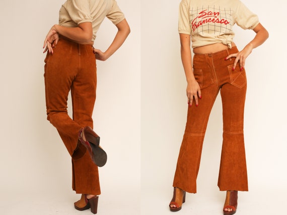 Vintage 1960s 60s Woodstock Era Tan Suede Leather High Waisted Flared Pants  Trousers -  Israel