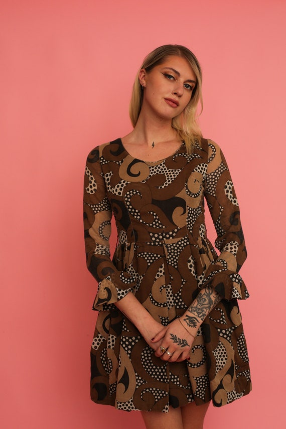 Vintage 1960s 60s Brown Cotton Wild Psychedelic P… - image 3