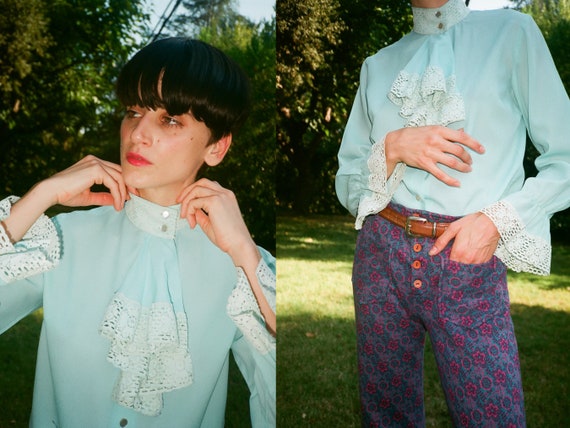Vintage 1970s 70s Lace Jabot Powder Blue Button Up
