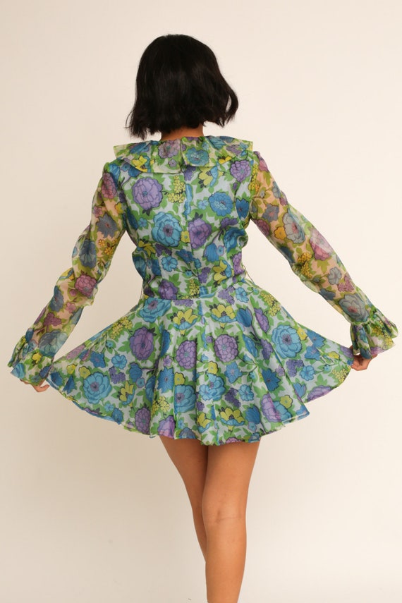 Vintage 1970s 70s Blue Psychedelic Floral Long Sl… - image 5