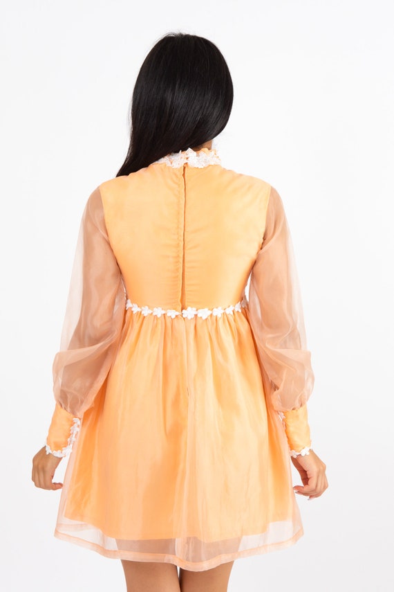 Vintage 1970s 70s Peach Orange Mini Dress w/ Empi… - image 2