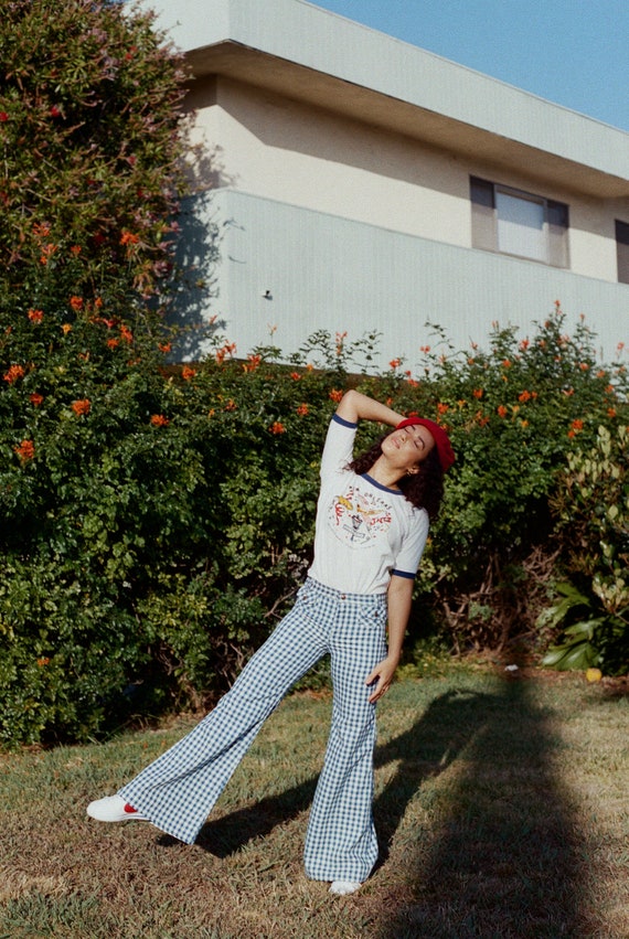 Vintage 1970s 70s Mid Rise Checkered Flared Pants