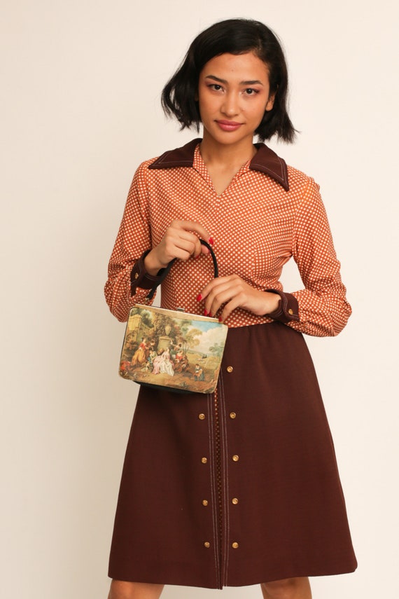 Vintage 1960s 60s Brown & Rusty Orange Polka Dot … - image 2