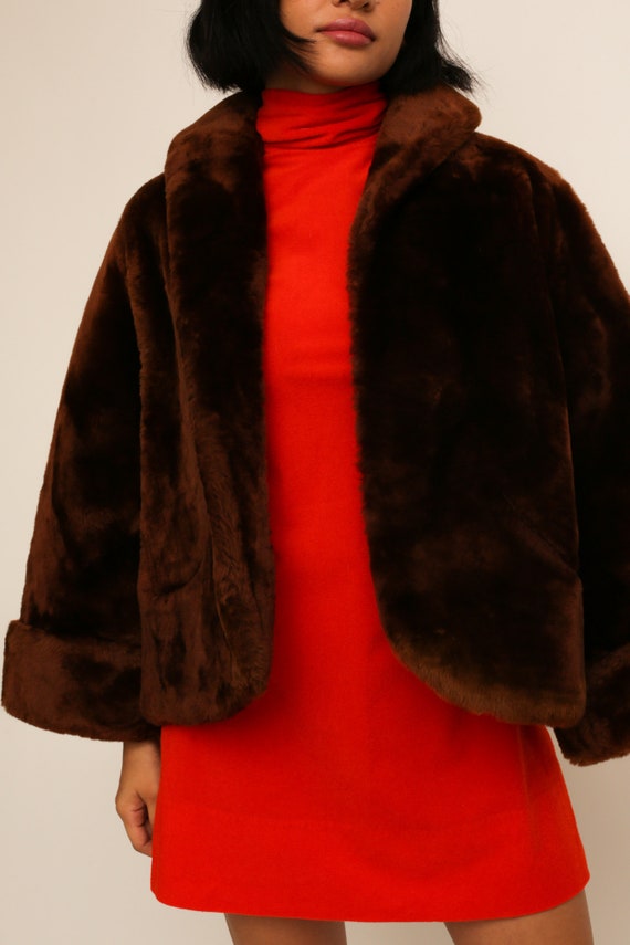 Vintage 1960s 60s Caramel Brown Faux Fur Cropped … - image 5