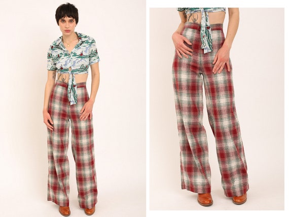 Vintage 1970s 70s High Waisted Checkered Flared P… - image 1