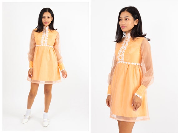 Vintage 1970s 70s Peach Orange Mini Dress w/ Empi… - image 1
