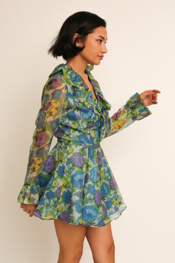 Vintage 1970s 70s Blue Psychedelic Floral Long Sl… - image 3