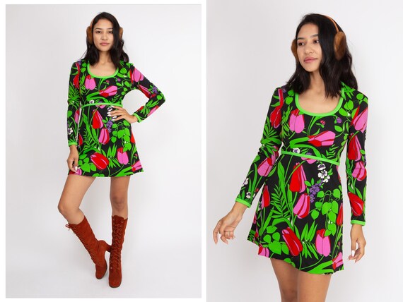 Vintage 1960s 60s Psychedelic Technicolor Green F… - image 1