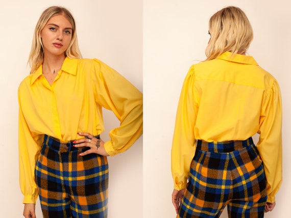 Vintage 1970s Bright Yellow Button Up Blouse w/ D… - image 1
