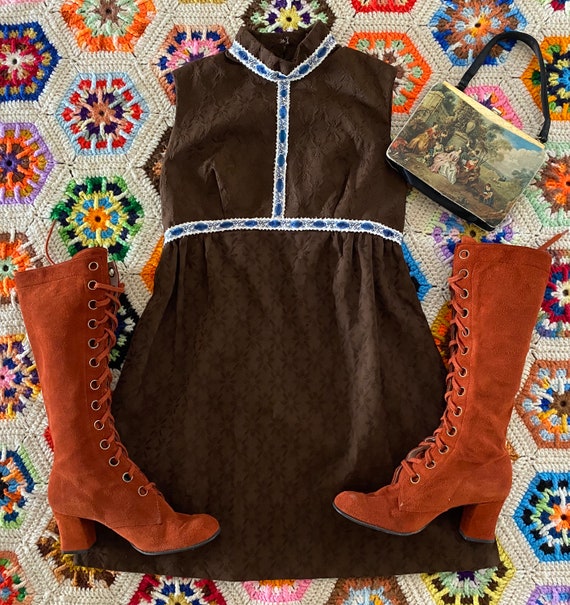 Vintage 1960s 60s Brown Floral Micro Mini Peasant