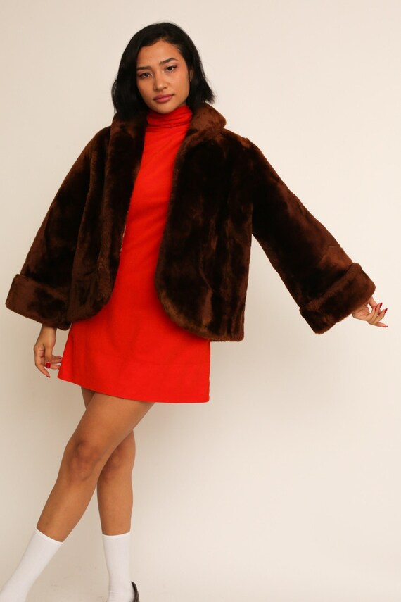 Vintage 1960s 60s Caramel Brown Faux Fur Cropped … - image 1