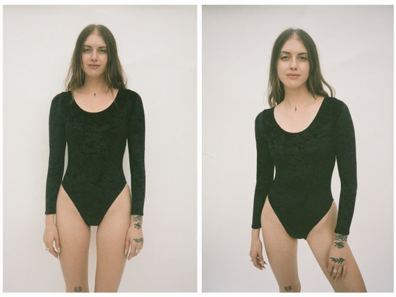 Vintage 1980s 80s Crushed Black Velvet Stretchy Leotard Bodysuit