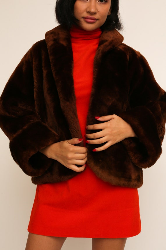 Vintage 1960s 60s Caramel Brown Faux Fur Cropped … - image 4