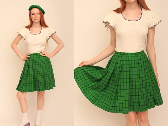 Vintage 1970s 70s Emerald Green Plaid High Waiste… - image 1