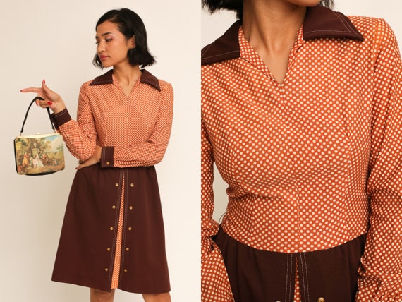 Vintage 1960s 60s Brown & Rusty Orange Polka Dot … - image 1