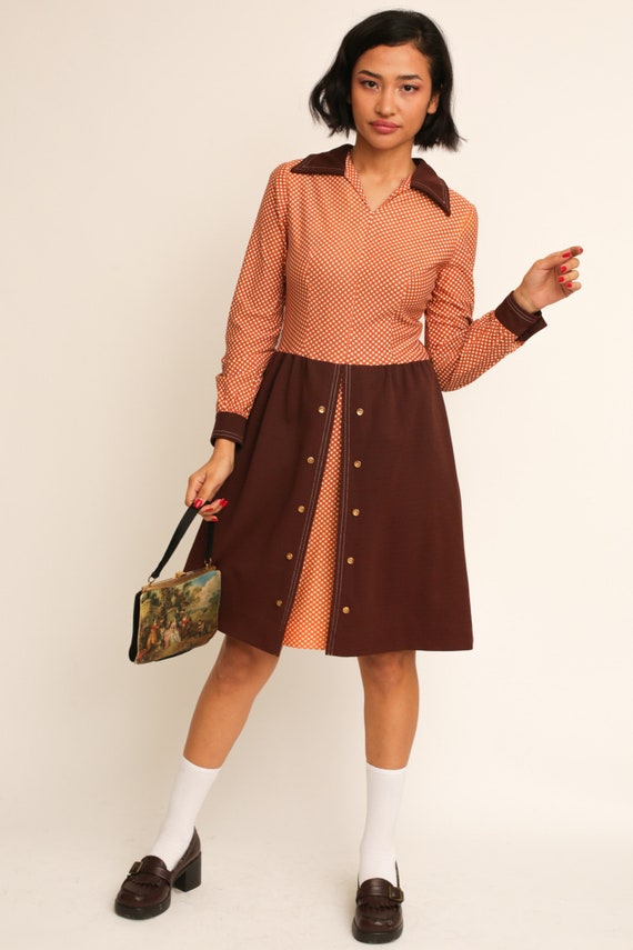 Vintage 1960s 60s Brown & Rusty Orange Polka Dot … - image 3