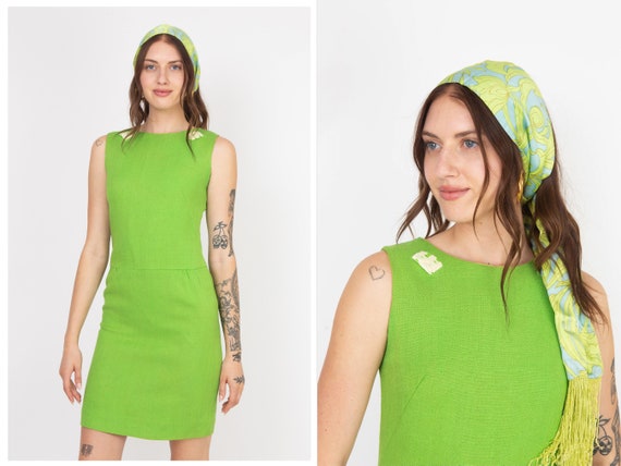 Vintage 1960s 60s Lime Green Cotton Mod Mini Dres… - image 1
