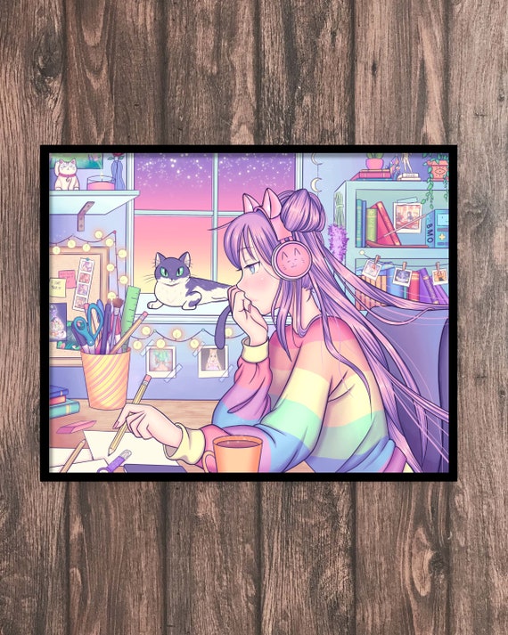 Pastel Vibes Anime Girl Art Print Kawaii Cute Art Aesthetic 