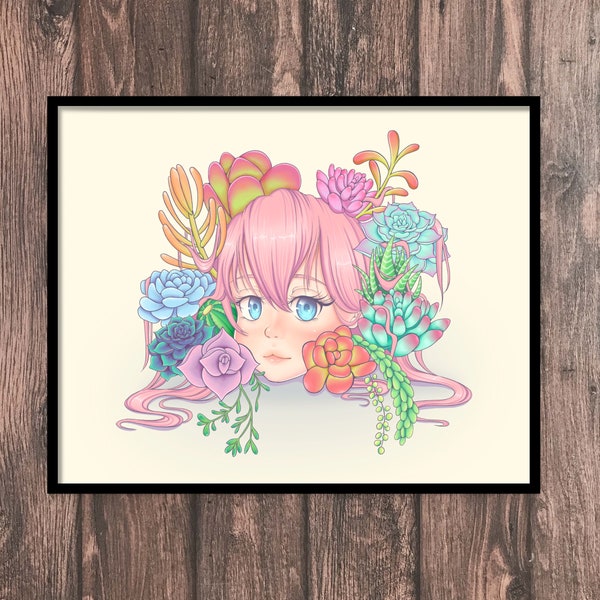 Surreal Succulent Art Print / Kawaii Cute Art Aesthetic / Manga Girl Dreamy Art Print / Surrealismo Psychedelic Art Decor Poster / Anime Girl