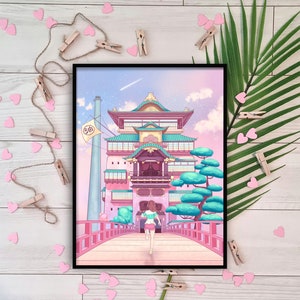 Dreamy Bathhouse Scene Art Print | Kawaii Pastel Anime Art Scene | Cute Manga Style Girl | Dreamy Aesthetic