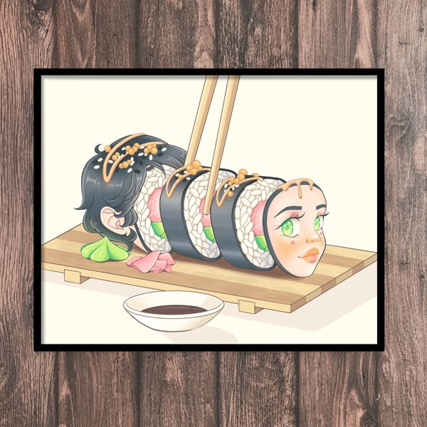 Surreal Sushi Art Print | Kawaii Cute Art Aesthetic | Manga Girl Dreamy Art Print | Surrealism Psychedelic Art Decor Poster