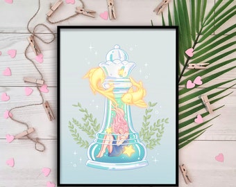 Aesthetic Chess Piece Art Print | Glass Chess Kawaii Anime Girl | Vintage Pastel Aesthetic | Cute Manga Girl Koi Fish