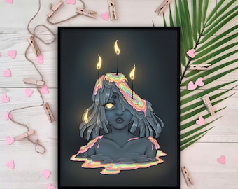 Melting Away Art Print | Anime Girl Kawaii Pastel Aesthetic | Candles Trippy Rainbow | Cute Manga Girl | Psychedelic Vibes