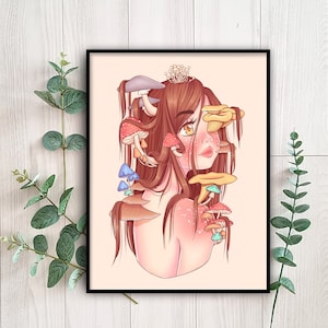 Overgrown Mushroom Girl Art Print | Cottagecore Pastel Aesthetic | Nature Kawaii Anime Girl | Manga Cute Vintage Fairycore
