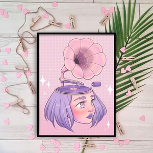 Gramophone Art Print | Anime Girl Kawaii Pastel Aesthetic | Trippy Poster Decor Wall Art | Cute Surreal Art | Psychedelic Vibes | Surrealism