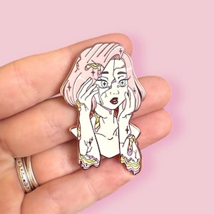 Broken Enamel Pin Cotton Candy Variant | Kawaii Anime Girl Lapel Pin | Cute Trippy Hat Pin | Aesthetic Psychedelic Surreal Pin | Manga Girl